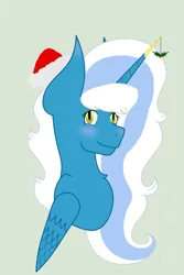 Size: 1370x2048 | Tagged: safe, artist:royal-snowflake, derpibooru import, oc, oc:fleurbelle, unofficial characters only, alicorn, alicorn oc, blushing, christmas, female, gray background, hat, holiday, holly, holly mistaken for mistletoe, horn, image, jpeg, santa hat, simple background, smiling, solo, solo female, wings, yellow eyes