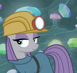 Size: 760x720 | Tagged: safe, derpibooru import, screencap, maud pie, earth pony, pony, rock solid friendship, clothes, cropped, dress, female, gem, gem cave, helmet, image, mare, mining helmet, png, smiling, solo