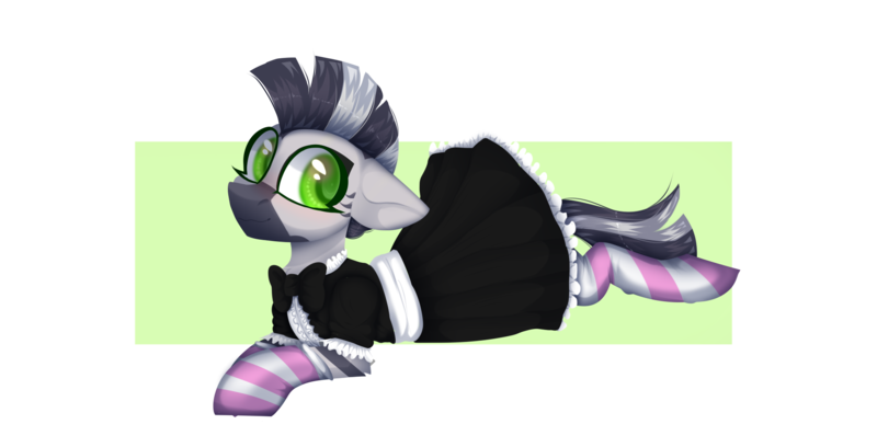 Size: 2040x1041 | Tagged: safe, artist:silvexxx01, derpibooru import, oc, oc:zebra north, unofficial characters only, pony, zebra, clothes, crossdressing, femboy, image, lying down, maid, male, png, simple background, socks, solo, stallion, stockings, striped socks, thigh highs