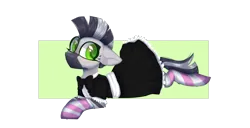 Size: 2040x1041 | Tagged: safe, artist:silvexxx01, derpibooru import, oc, oc:zebra north, unofficial characters only, pony, zebra, clothes, crossdressing, femboy, image, lying down, maid, male, png, simple background, socks, solo, stallion, stockings, striped socks, thigh highs