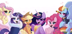 Size: 4096x1936 | Tagged: safe, artist:kebchach, derpibooru import, applejack, fluttershy, pinkie pie, princess twilight 2.0, rainbow dash, rarity, twilight sparkle, twilight sparkle (alicorn), alicorn, earth pony, pegasus, pony, unicorn, the last problem, crown, derpibooru exclusive, female, image, jewelry, mane six, mare, older, older applejack, older fluttershy, older mane six, older pinkie pie, older rainbow dash, older rarity, older twilight, peytral, png, regalia