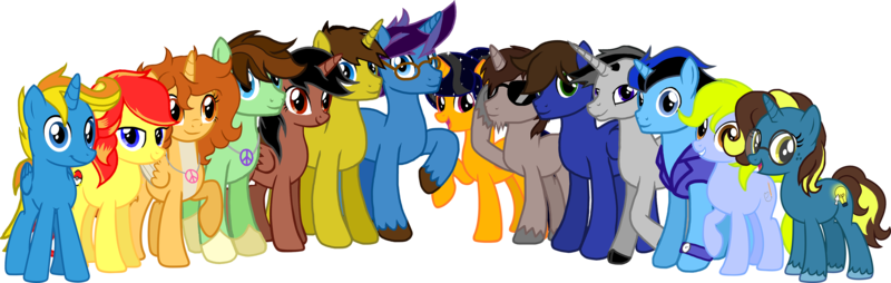 Size: 3775x1200 | Tagged: safe, artist:crisostomo-ibarra, derpibooru import, oc, oc:aspen, oc:author penfeather, oc:bright idea, oc:chaud starpower, oc:connie the casanova, oc:cyber gamer, oc:jessica pedley, oc:midnight shadows, oc:paint sketch, oc:princess fantasy star, oc:radiant sword, oc:ryan, oc:silvermane, oc:summer sketch, unofficial characters only, alicorn, earth pony, pegasus, pony, unicorn, derpibooru community collaboration, 2023 community collab, alicorn oc, earth pony oc, female, folded wings, freckles, glasses, grin, group, high res, hooves, horn, image, jewelry, looking at you, male, mare, necklace, peace symbol, pegasus oc, png, raised hoof, simple background, smiling, smiling at you, stallion, standing, transparent background, two toned mane, unicorn oc, unshorn fetlocks, wall of tags, watch, wings