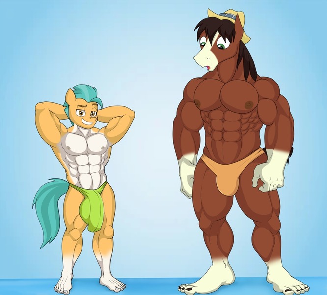 Size: 1280x1154 | Tagged: artist needed, source needed, questionable, derpibooru import, hitch trailblazer, trouble shoes, anthro, barefoot, bodybuilder, comparison, duo, duo male, feet, g5, hitch big dick, image, jockstrap, jpeg, male, males only, muscles, muscular male, pose, size difference, speedo, toes