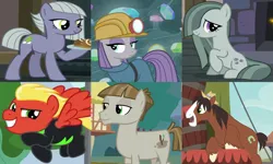 Size: 2559x1536 | Tagged: safe, derpibooru import, edit, edited screencap, screencap, limestone pie, marble pie, maud pie, mudbriar, short fuse, trouble shoes, earth pony, pegasus, pony, appleoosa's most wanted, hearthbreakers, rock solid friendship, the maud couple, the washouts (episode), barrel, clothes, cropped, dress, excited, female, hat, helmet, image, limefuse, male, marbleshoes, mare, maudbriar, mining helmet, pie sisters, png, shipping, shipping domino, siblings, sisters, smiling, stallion, stone bread, straight, sweet bun, sweet roll, uniform, washouts uniform