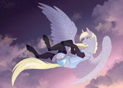 Size: 1400x1000 | Tagged: suggestive, artist:sunny way, derpibooru import, derpy hooves, pegasus, pony, art, artwork, clothes, cloud, commission, corset, cute, digital art, female, feral, finished commission, flying, gloves, happy, image, lace, lingerie, makeup, mare, outfit, panties, png, smiling, socks, solo, solo female, stockings, thigh highs, underwear, wings