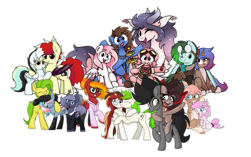 Size: 8000x5000 | Tagged: safe, artist:aaathebap, artist:moonatik, artist:nekro-led, artist:parfait, artist:sugar morning, derpibooru import, oc, oc:aaaaaaaaaaa, oc:bit assembly, oc:bizarre song, oc:choco mocca, oc:first crush, oc:gryph xander, oc:kayla, oc:midnight winds, oc:nekro led, oc:rusty gear, oc:scarlet serenade, oc:selenite, oc:smooshie, oc:starskipper, oc:sugar morning, oc:swifty breeze, oc:vinyl mix, bat pony, draconequus, dragon, earth pony, pegasus, pony, unicorn, derpibooru community collaboration, bat pony oc, bat wings, clothes, collaboration, draconequus oc, dragon oc, earth pony oc, female, filly, foal, goggles, goggles on head, hair bun, hoodie, horn, image, jewelry, latex, latex socks, lesbian, male, mare, middergryph, non-pony oc, oc x oc, pegasus oc, png, scarf, scarletmix, shipping, shirt, simple background, socks, stallion, straight, tail, tail bun, transparent background, unicorn oc, wings