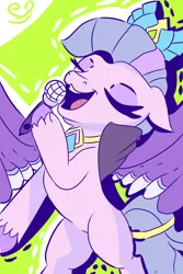 Size: 2000x3000 | Tagged: safe, artist:papacruda09, derpibooru import, queen haven, pegasus, pony, abstract background, adorahaven, belly, cute, eyes closed, g5, happy, image, microphone, open mouth, png, simple background, singing, slim, spread wings, thin, wings