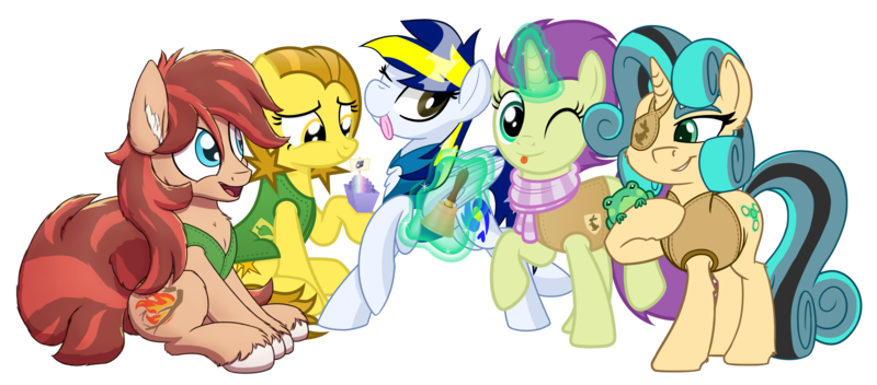 Size: 3292x1448 | Tagged: safe, artist:devfield, artist:litrojia, artist:notadeliciouspotato, artist:pirill, derpibooru import, oc, oc:cottonwood kindle, oc:fidget, oc:golden star, oc:huracata, oc:sky spark, unofficial characters only, earth pony, frog, pegasus, pony, unicorn, derpibooru community collaboration, 2023 community collab, :p, acorn, bell, cheek fluff, chest fluff, clothes, collaboration, derpibooru exclusive, earth pony oc, eyepatch, female, group, high res, horn, image, looking at you, magic, male, mare, one eye closed, open mouth, pegasus oc, png, raised leg, scarf, seeds, simple background, sitting, smiling, stallion, standing, tail, telekinesis, tongue out, transparent background, unicorn oc, unshorn fetlocks, vest, wings, wink, winking at you, winter wrap up vest
