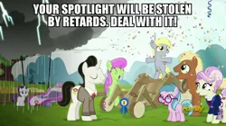 Size: 1024x572 | Tagged: safe, derpibooru import, screencap, blue lily, derpy hooves, meadow song, medallion gold, merry may, rarity, rosetta, earth pony, pegasus, pony, unicorn, season 6, the cart before the ponies, background pony, bipedal, cart, cloud, confetti, cute, derpabetes, discovery family, discovery family logo, female, filly, filly derpy, filly derpy hooves, filly rarity, foal, image, impact font, jealous, jpeg, lightning, logo, male, mare, rain, raincloud, raribetes, ribbon, sad, sadorable, stallion, the worst possible thing, younger