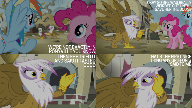 Size: 4400x2475 | Tagged: safe, derpibooru import, edit, edited screencap, editor:quoterific, screencap, gilda, greta, pinkie pie, rainbow dash, earth pony, gryphon, pegasus, pony, the lost treasure of griffonstone, cart, griffonstone, image, png