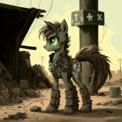 Size: 4096x4096 | Tagged: safe, derpibooru import, edit, machine learning generated, midjourney, oc, pony, unicorn, fallout equestria, boots, brown hair, brown mane, clothes, dirty, fallout, green body, green eyes, horn, image, jpeg, post-apocalyptic, shoes, unicorn oc, vest, wasteland