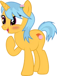 Size: 3268x4360 | Tagged: safe, artist:wissle, derpibooru import, oc, oc:rubin hood, pony, unicorn, derpibooru community collaboration, 2023 community collab, blushing, cute, description is relevant, female, happy, high res, horn, image, looking sideways, mare, open mouth, png, raised leg, simple background, smiling, solo, transparent background, unicorn oc, vector