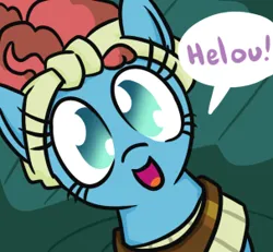 Size: 303x280 | Tagged: safe, artist:jargon scott, derpibooru import, meadowbrook, earth pony, pony, cute, female, hi anon, image, looking at you, mare, meme, no pupils, open mouth, open smile, png, smiling, solo, speech bubble