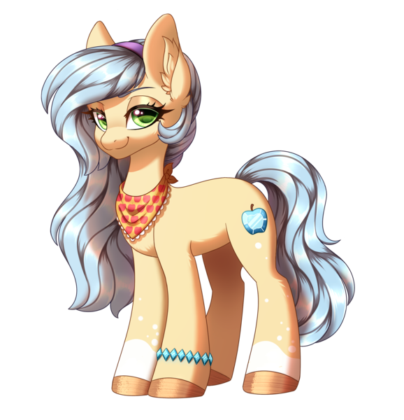 Size: 2215x2300 | Tagged: safe, artist:_ladybanshee_, derpibooru import, oc, oc:rarijack, earth pony, pony, derpibooru community collaboration, 2023 community collab, clothes, commissioner:raritybro, ear fluff, female, hairband, hooves, image, jewelry, looking at you, magical lesbian spawn, mare, offspring, parent:applejack, parent:rarity, parents:rarijack, png, scarf, smiling, solo