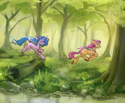 Size: 6400x5280 | Tagged: safe, artist:laymy, derpibooru import, izzy moonbow, sunny starscout, earth pony, pony, unicorn, duo, duo female, female, forest, g5, image, log, looking at each other, looking at someone, mare, png, running, scenery, smiling, tree
