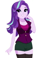 Size: 1148x1588 | Tagged: safe, artist:rosemile mulberry, derpibooru import, starlight glimmer, human, equestria girls, breasts, busty starlight glimmer, cleavage, dreamworks face, eye clipping through hair, eyebrows, eyebrows visible through hair, female, grin, image, looking at you, png, raised eyebrow, simple background, smiling, smiling at you, solo, white background