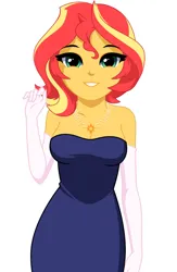 Size: 754x1158 | Tagged: safe, artist:rosemile mulberry, derpibooru import, sunset shimmer, equestria girls, breasts, cleavage, clothes, dress, evening gloves, female, gloves, image, jewelry, long gloves, looking at you, necklace, png, raised hand, simple background, solo, white background