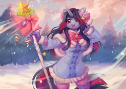 Size: 1982x1400 | Tagged: safe, artist:margony, derpibooru import, oc, oc:flydry, unofficial characters only, anthro, fairy, unicorn, arm behind head, bell, clothes, coat, image, open mouth, open smile, png, smiling, snow, solo, staff, tree, wingding eyes, winter, winter coat
