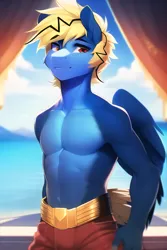 Size: 2048x3072 | Tagged: safe, derpibooru import, machine learning generated, oc, oc:thunder lightning, unofficial characters only, anthro, pegasus, beach, clothes, image, male, partial nudity, png, solo, topless
