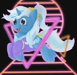Size: 4901x4800 | Tagged: safe, derpibooru import, trixie, pony, unicorn, 80s, clothes, cutie mark, happy, image, jacket, jumping, laser, photo, png, ponytail, solo, stars, synthwave, watermark, wingding eyes