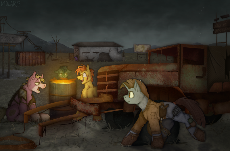 Size: 3200x2100 | Tagged: safe, artist:molars, derpibooru import, oc, oc:aiden, unofficial characters only, earth pony, pony, unicorn, fallout equestria, apocalypse, armor, background character, bandage, barrel, billboard, bloodstain, bloody bandage, blue fur, boots, brown mane, bust, clothes, cloudy sky, commission, detailed background, fallout, fallout equestria oc, fire, full body, grass, gun, handgun, harness, holster, image, in the distance, insane smile, lighting, male, multiple characters, open mouth, pink fur, pistol, png, pocket, portrait, raised hoof, rust, rusting, scar, shading, shipping container, shirt, shoes, short mane, skywagon, smiling, stallion, tack, tail, tail wrap, telephone pole, truck, unshorn fetlocks, vehicle, water bottle, weapon, wearing clothes, wires, yellow fur