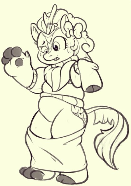 Size: 842x1200 | Tagged: safe, artist:pinksundae, derpibooru import, autumn blaze, oc, oc:jackie, human, kirin, bow, character to character, clothes, female, hair bow, human oc, human to pony, image, jpeg, loose fitting clothes, monochrome, oversized clothes, simple background, sketch, skirt, solo, sweater, trans female, transformation, transgender, yellow background