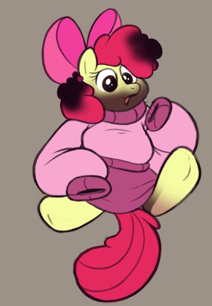 Size: 644x928 | Tagged: safe, artist:pinksundae, derpibooru import, apple bloom, oc, oc:jackie, earth pony, human, pony, age regression, bow, brown background, character to character, clothes, female, filly, foal, gray background, hair bow, human oc, human to pony, image, jpeg, loose fitting clothes, oversized clothes, simple background, skirt, solo, sweater, trans female, transformation, transgender