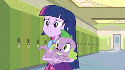 Size: 576x324 | Tagged: safe, ponerpics import, ponybooru import, screencap, spike, twilight sparkle, dog, equestria girls, equestria girls (movie), animated, bowtie, canterlot high, clothes, confused, female, gif, hallway, holding a dog, image, lockers, looking at each other, male, skirt, spike the dog