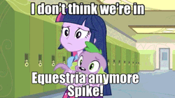Size: 576x324 | Tagged: safe, edit, edited screencap, editor:undeadponysoldier, ponerpics import, ponybooru import, screencap, spike, twilight sparkle, dog, equestria girls, animated, bowtie, canterlot high, clothes, confused, duo, edited gif, female, gif, hallway, image, lockers, looking at each other, male, meme, movie reference, reference, skirt, spike the dog, the wizard of oz