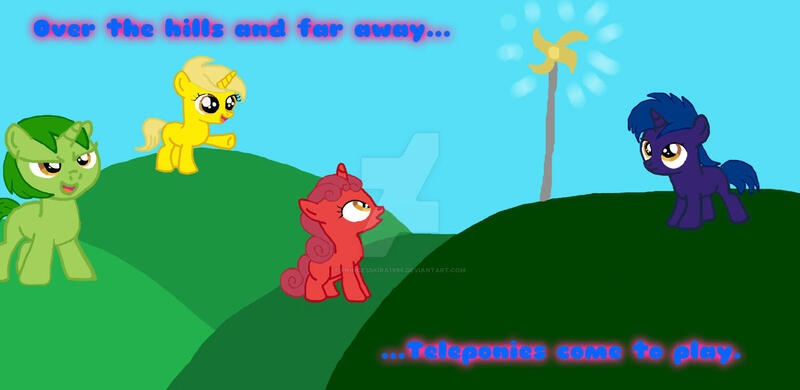 Size: 1280x624 | Tagged: safe, artist:princesskira1996, derpibooru import, ponified, pony, unicorn, blue text, colt, dipsy, female, filly, foal, frown, g4, grass, group, hill, image, jpeg, laa-laa, male, narrowed eyes, po, prologue, quartet, raised leg, rule 85, smiling, teletubbyland, text, tinky winky, windmill