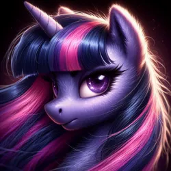 Size: 1024x1024 | Tagged: safe, derpibooru import, machine learning generated, twilight sparkle, pony, unicorn, ai content, bust, female, fluffy, fur, generator:dall-e 3, image, jpeg, looking at you, mare, realistic, solo