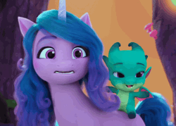 Size: 1504x1074 | Tagged: safe, derpibooru import, screencap, izzy moonbow, sparky sparkeroni, pony, g5, my little pony: make your mark, spoiler:g5, spoiler:my little pony: make your mark, spoiler:my little pony: make your mark chapter 5, spoiler:mymc05e03, animated, cute, excited, family trees, gif, happy, image, izzybetes, mushroom, my little pony: make your mark chapter 5, riding, riding a pony, smiling, sparkybetes