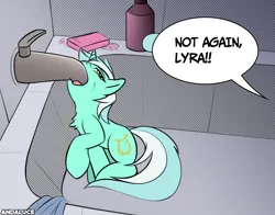Size: 1662x1302 | Tagged: safe, artist:andaluce, derpibooru import, lyra heartstrings, pony, unicorn, bathroom, bathtub, behaving like a cat, chest fluff, female, image, l.u.l.s., mare, offscreen character, png, ponified animal photo, soap, solo, speech bubble, wat