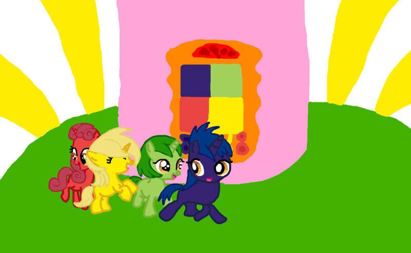 Size: 868x534 | Tagged: safe, artist:princesskira1996, derpibooru import, ponified, pony, unicorn, colt, dipsy, excited, eyes closed, female, filly, foal, g4, group, happy, image, jpeg, laa-laa, male, open mouth, open smile, po, quartet, ringing, rule 85, smiling, teletubbies, tinky winky, tubby phone, tubbytronic superdome's control panel, walking