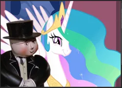 Size: 711x513 | Tagged: safe, artist:polorenzielephant, derpibooru import, princess celestia, alicorn, human, pony, crossover, figure, image, live action, model, photoshop, png, sir topham hatt, the fat controller, thomas and friends, thomas the tank engine