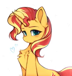 Size: 1408x1487 | Tagged: safe, artist:lerkfruitbat, derpibooru import, sunset shimmer, pony, unicorn, blushing, chest fluff, concave belly, cute, ear fluff, eyebrows, female, g4, heart, horn, image, jpeg, looking at you, mare, shimmerbetes, signature, solo