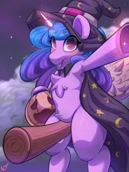 Size: 3000x4000 | Tagged: safe, artist:nanazdina, derpibooru import, izzy moonbow, pony, unicorn, g5, armpits, blushing, broom, cape, chest fluff, clothes, commission, flying, flying broomstick, halloween, hat, holiday, image, magic, png, pumpkin, solo, underhoof, witch hat, ych example, ych result, your character here