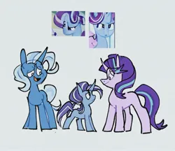 Size: 1572x1359 | Tagged: safe, ai content, artist:disaterror, derpibooru import, starlight glimmer, trixie, oc, oc:illusory luminance, pony, unicorn, ai interpretation, female, frown, image, jpeg, lesbian, looking at each other, looking at someone, looking down, looking up, magical lesbian spawn, mother and child, offspring, open mouth, open smile, parent:starlight glimmer, parent:trixie, parents:startrix, shipping, simple background, smiling, standing, startrix, white background