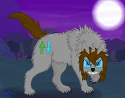 Size: 2300x1800 | Tagged: safe, artist:twiny dust, derpibooru import, oc, oc:dust, hengstwolf, unicorn, werewolf, claws, fangs, fluffy, forest, full moon, glow, glowing eyes, hill, image, male, moon, mountain, png, species swap, tree