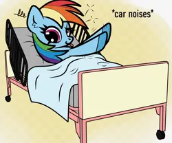Size: 1200x1000 | Tagged: safe, artist:scandianon, derpibooru import, rainbow dash, pegasus, pony, bed, dizzy, female, hospital bed, image, lying down, mare, onomatopoeia, png, raised hoof, tongue out, wall eyed