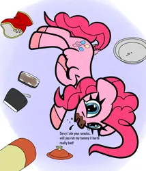 Size: 1200x1400 | Tagged: safe, artist:scandianon, derpibooru import, pinkie pie, earth pony, pony, belly, bellyrub request, chips, cookie, crumbs, dock, female, food, hooves, ice cream, image, looking at you, mare, pain, pie, png, tail, talking to viewer, teary eyes, trash