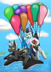 Size: 3944x5600 | Tagged: suggestive, artist:tacomytaco, derpibooru import, soarin', thunderlane, pegasus, pony, balloon, balloon fetish, belly button, black swimsuit, blue swimsuit, butt, clothes, crotch bulge, fetish, gay, hanging, hanging wedgie, helium tank, image, inflatable, inflatable toy, male, males only, plot, png, shipping, smiling, soarilane, speedo, swimsuit, water, wedgie, wet