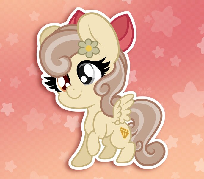 Size: 2048x1792 | Tagged: safe, artist:sweet cream, derpibooru import, oc, oc:peach blossom, unofficial characters only, pegasus, pony, bow, chibi, flower, flower in hair, gem, glass eye, hair bow, heterochromia, image, jpeg, solo, stars