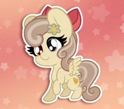 Size: 2048x1792 | Tagged: safe, artist:sweet cream, derpibooru import, oc, oc:peach blossom, unofficial characters only, pegasus, pony, bow, chibi, flower, flower in hair, gem, glass eye, hair bow, heterochromia, image, jpeg, solo, stars