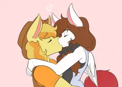 Size: 2048x1462 | Tagged: safe, artist:mscolorsplash, derpibooru import, braeburn, oc, oc:color splash, anthro, earth pony, pegasus, pony, canon x oc, duo, eyes closed, female, floating heart, heart, image, kiss on the lips, kissing, male, mare, pink background, png, shipping, simple background, stallion, straight