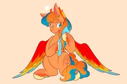 Size: 2048x1365 | Tagged: safe, artist:mscolorsplash, derpibooru import, oc, unofficial characters only, pegasus, pony, bow, commission, dexterous hooves, hair bow, heterochromia, image, orange background, png, simple background, sitting, solo, tongue out, unshorn fetlocks