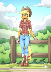 Size: 2171x3070 | Tagged: safe, artist:mysticalpha, derpibooru import, applejack, anthro, earth pony, unguligrade anthro, clothes, female, flannel, gloves, high res, image, jeans, pants, png, rolled up sleeves, solo