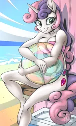 Size: 1864x3070 | Tagged: suggestive, artist:mysticalpha, derpibooru import, sweetie belle, anthro, unguligrade anthro, unicorn, beach, beach ball, bikini, breasts, busty sweetie belle, clothes, female, high res, image, looking at you, ocean, older, older sweetie belle, png, smiling, smiling at you, solo, solo female, swimsuit, water