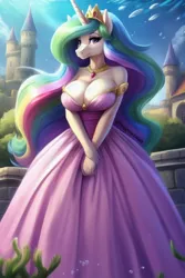 Size: 512x768 | Tagged: safe, derpibooru import, machine learning generated, princess celestia, alicorn, anthro, fish, ai content, big breasts, breasts, bubble, busty princess celestia, canterlot, castle, clothes, crepuscular rays, crown, dress, eyeshadow, female, flower, flowing hair, flowing mane, flowing tail, g4, gem, horn, huge breasts, image, jewelry, lidded eyes, looking at you, makeup, necklace, ocean, outdoors, pink dress, png, prompter:fragglezed, regalia, scenery, seaweed, signature, smiling, smiling at you, solo, sun, sunlight, swimming, tail, underwater, water