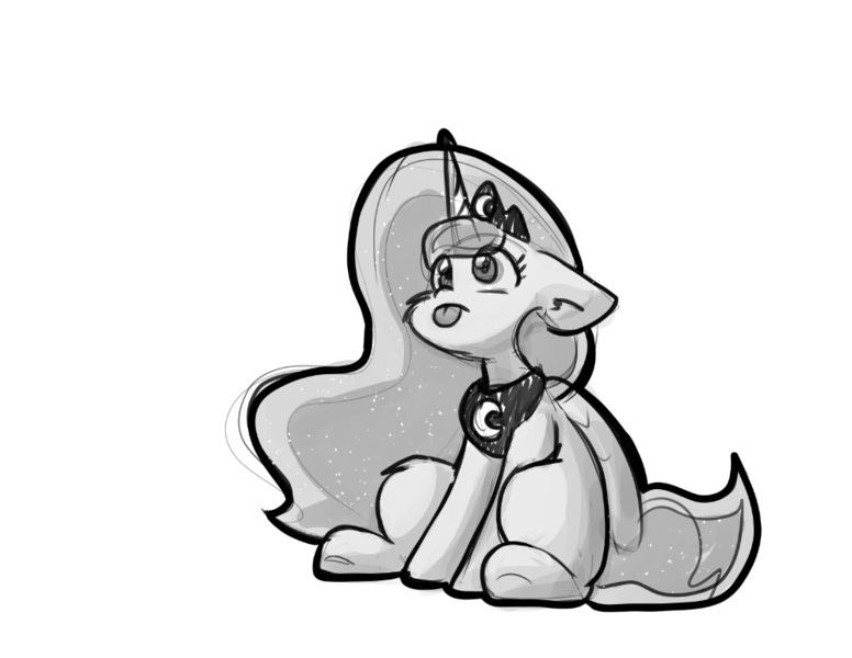 Size: 999x772 | Tagged: safe, artist:zutcha, derpibooru import, princess luna, alicorn, pony, cute, female, floppy ears, grayscale, image, looking up, lunabetes, mare, monochrome, png, simple background, solo, tongue out, white background